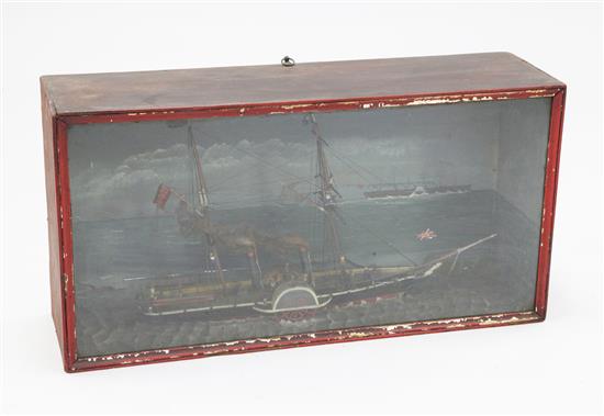 Victorian cased diorama of a paddle steamer, overall 24.5in.(-)